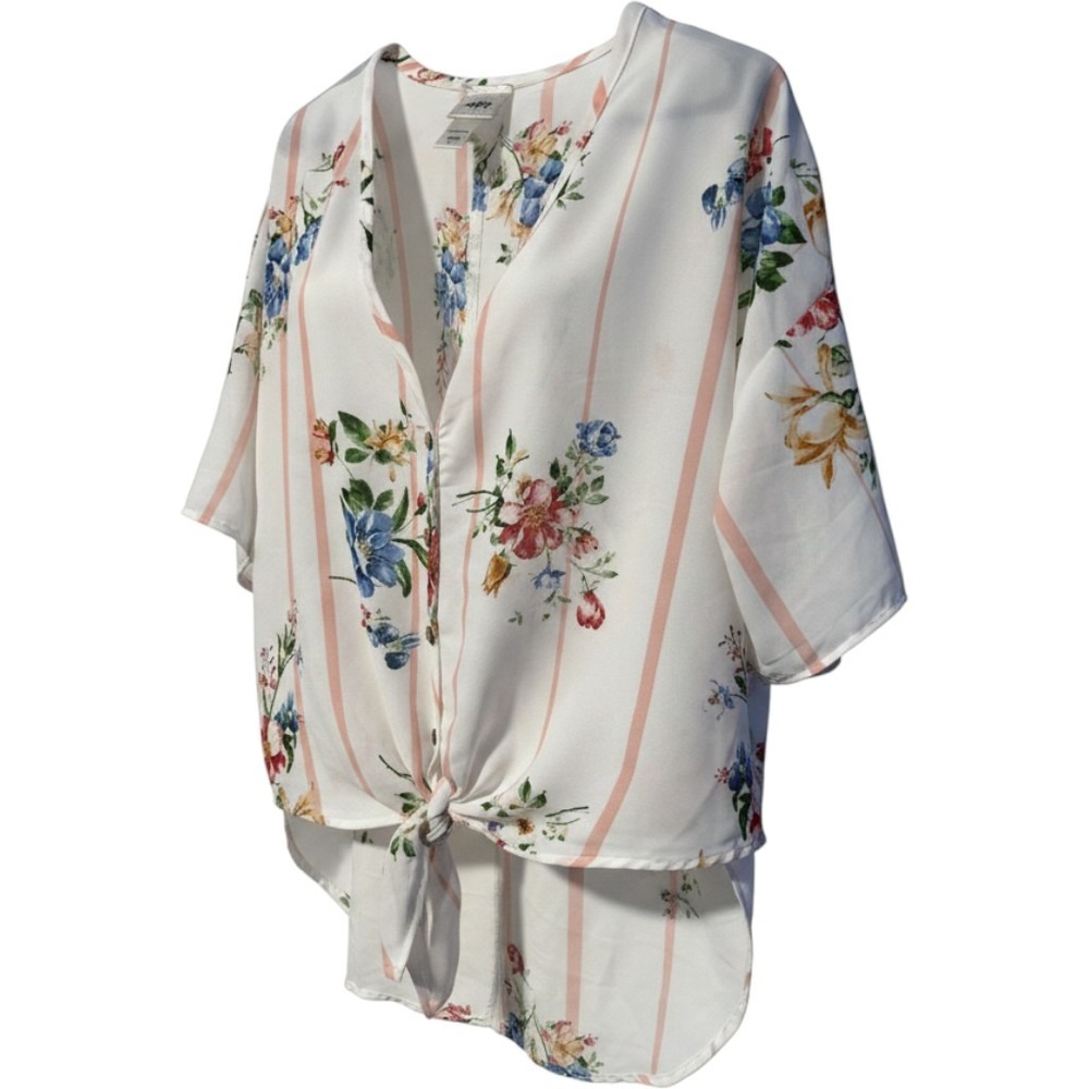 Daytrip Floral Striped Tie Front Blouse Women Small White
